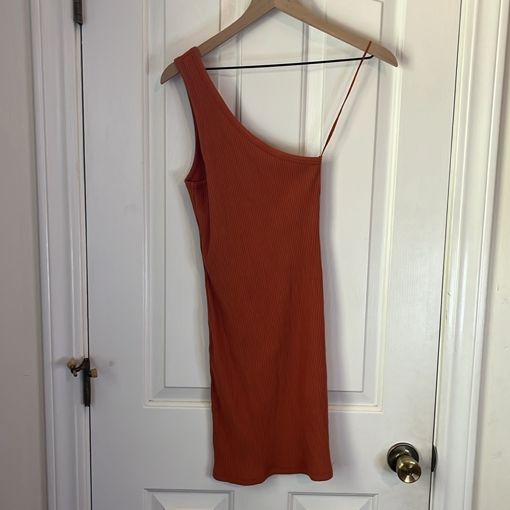 NWT Spell | One Shoulder Ribbed Cotton Mini Dress Burnt Orange Small Boho 70s - Picture 5 of 9